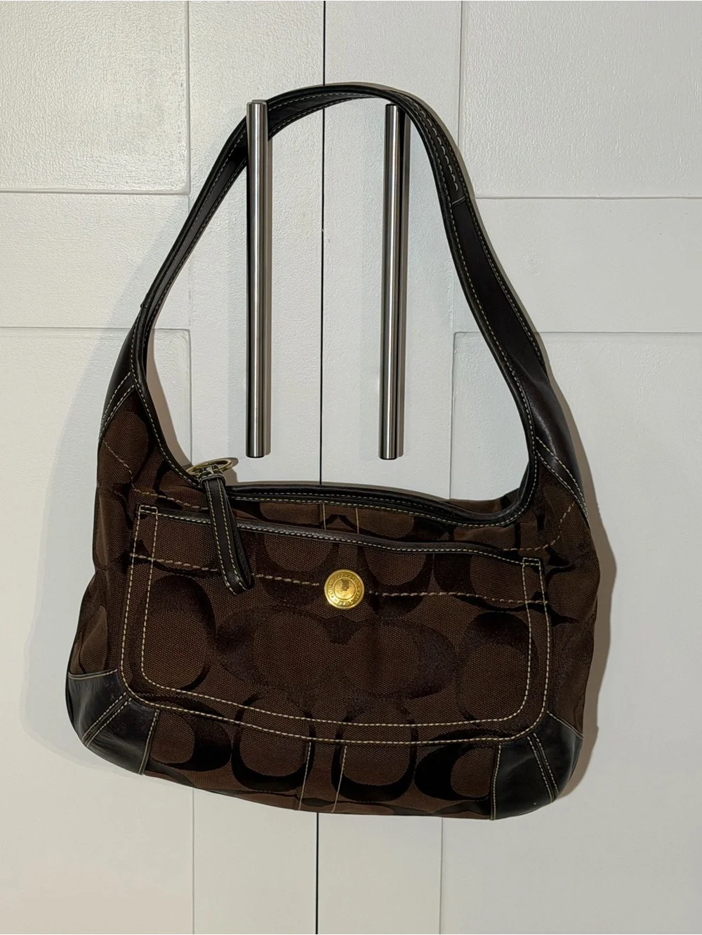Coach Dark Brown Signature Canvas Shoulder Bag with Leather Trim and Dust Bag